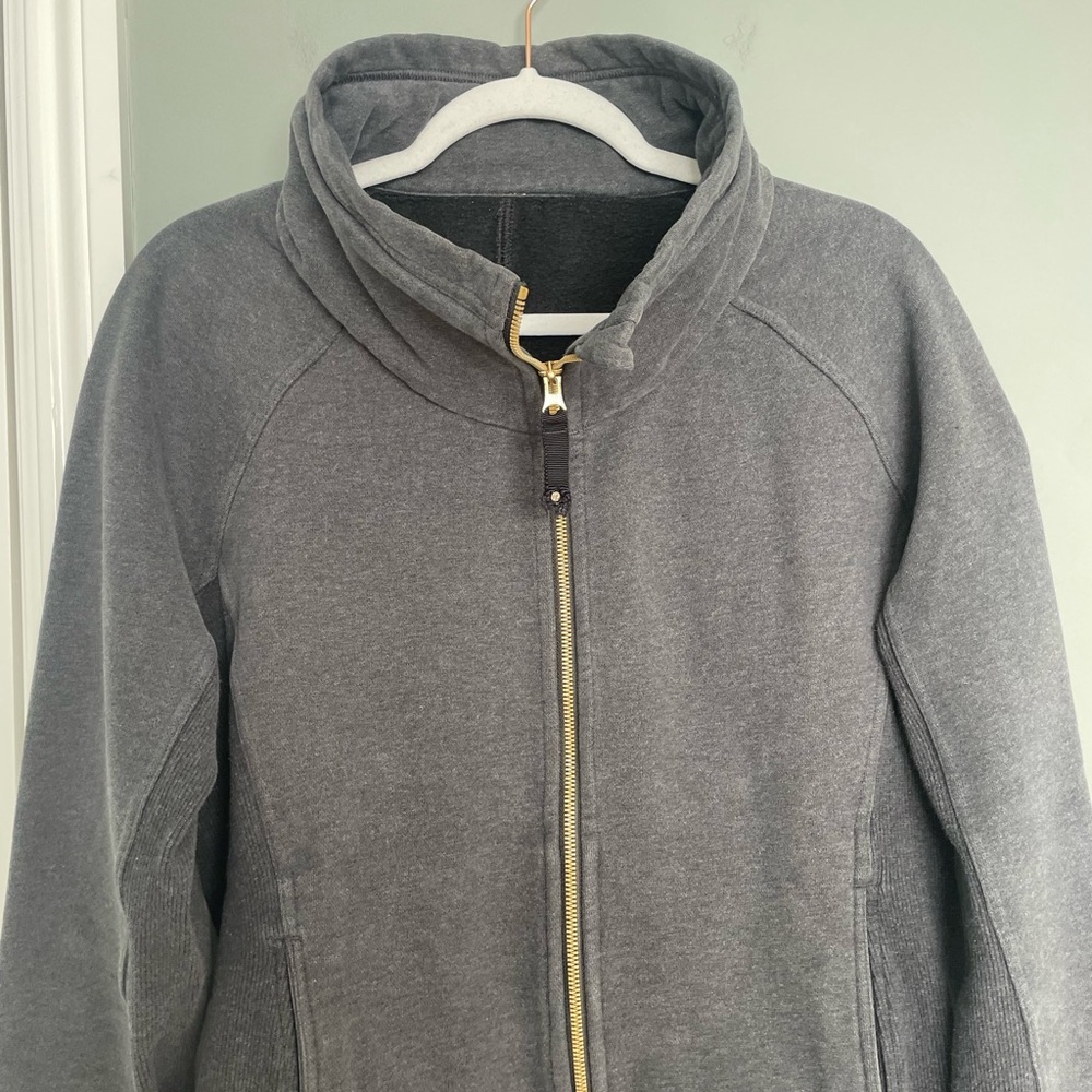 Lululemon "Radiant" Heathered Black Gold Accents Thick Funnel Neck Zip-Up Jacket - Picture 5 of 17